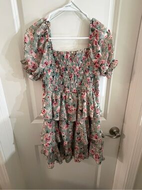 Sage Green Floral Smocked Tiered Dress